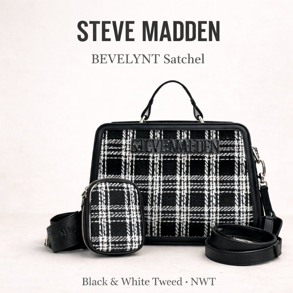 Steve Madden BEVELYNT Black White Tweed Satchel Preppy Academia Crossbody